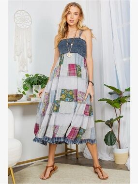 Fair trade eco-friendly vegan NWT Boho Patchwork Smocked Midi Sundress blue
